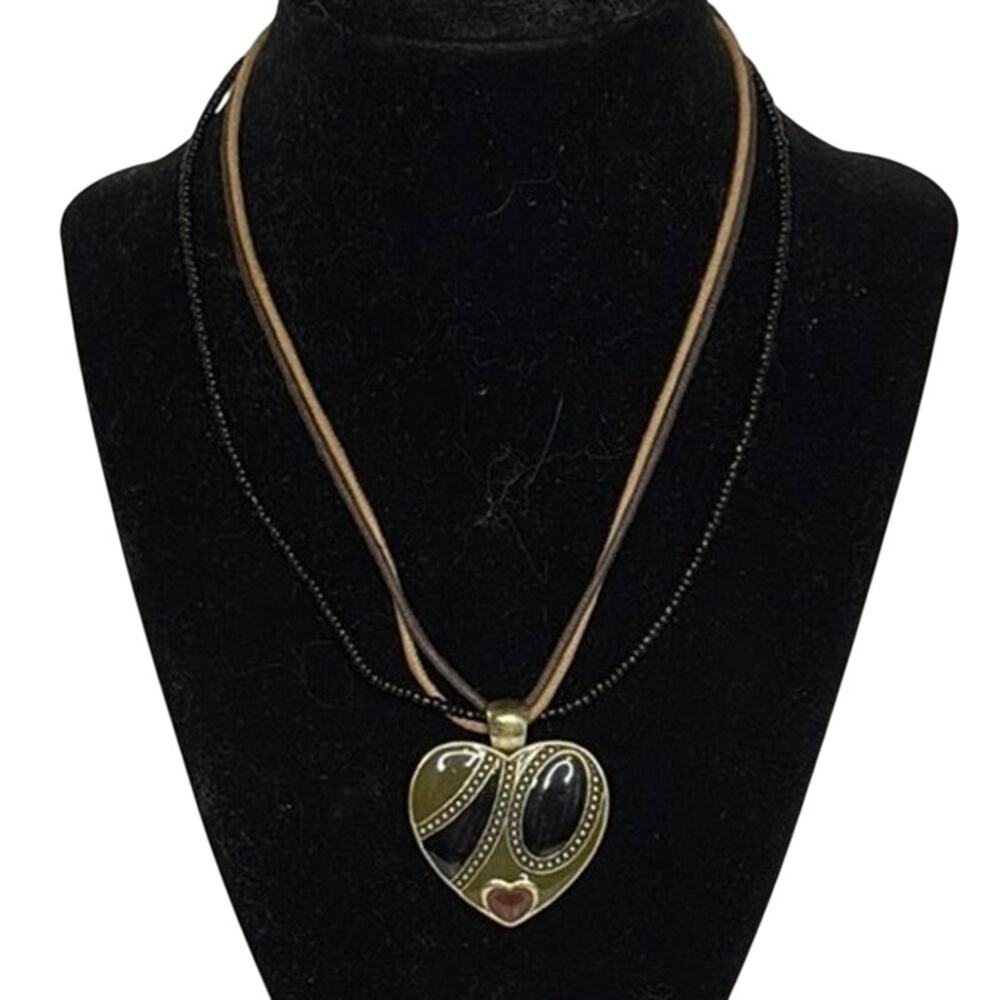 Mixed Cord Heart Pendant Necklace Brass Tone Enamel 15” Boho